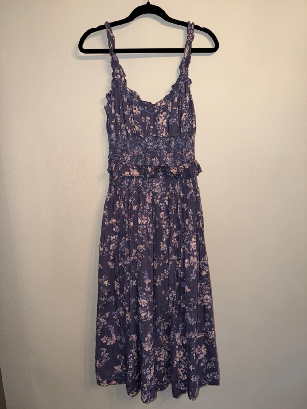 Anthropologie Purple Floral Smocked Dress